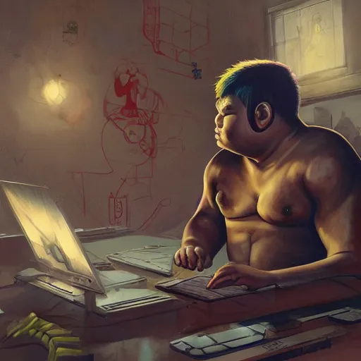 Image similar to a insanely detailed painting of a slightly overweight asian man wearing a homemade superhero costumed, sitting at a computer desk nervously typing on the keyboard, in the style of peter mohrbacher, dramatic lighting and composition, trending on artstation, concept art, comic book, graphic novel