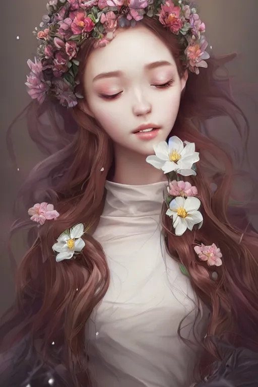 Image similar to romantic and fashion and love princess of the flower with sheath dress, 8 k realistic, teenager girl, baroque, symmetrical, flowing hair, smile, trending pinterest and pixiv, muted colors, hyperrealistic, l close up shot, character concept art, face by kyoung hwan kim, alexandra fomina, ilya kuvshinov