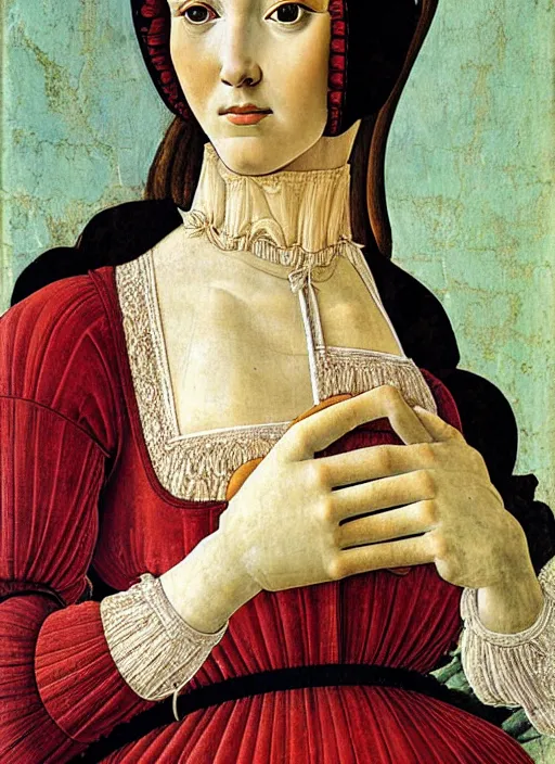 Image similar to portrait of young woman in renaissance dress and caul, art by sandro botticelli