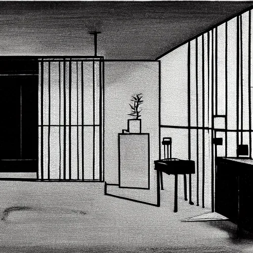 Prompt: interior of a modern brutalist house, night,