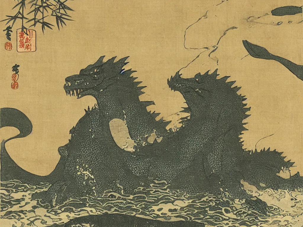 Prompt: edo period japanese woodcut of godzilla emerging from the ocean beside a peaceful fishing village