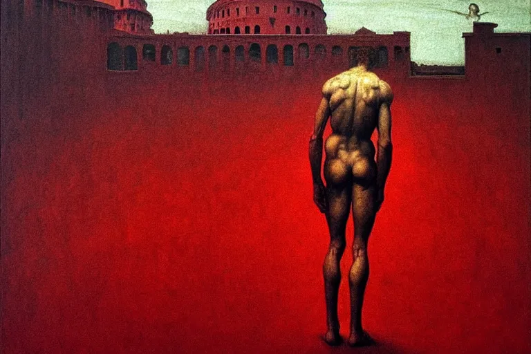 Image similar to only with red, caesar after war, a red tiger, in hoc signo vinces, rome in background, an ancient path, in the style of beksinski, part by hopper, part by rodcenko, part by hofbauer, intricate composition, red by caravaggio, insanely quality, highly detailed, masterpiece, red light, artstation