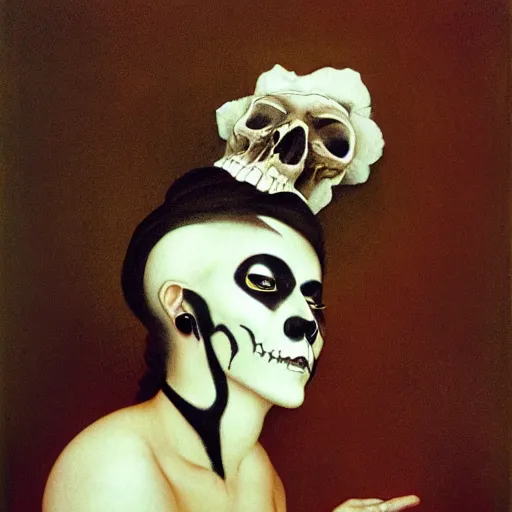 Prompt: portait of a woman wearing skull facepaint by Maxfield Parrish