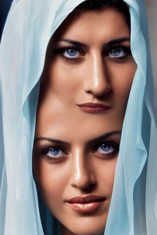 Prompt: young Monica Belluci as an Arab woman, tanned skintone, bright blue eyes, white transparent veil, headscarf, light blue long sleeves dress, closeup portrait, focus face