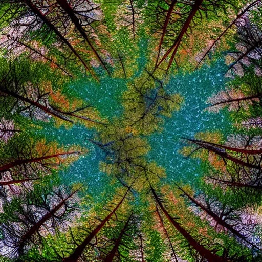 Image similar to looking up at the tops of trees in a forest, an ultrafine detailed painting by jon coffelt and benoit b. mandelbrot, shutterstock contest winner, generative art, multiple exposure, fisheye lens, high dynamic range