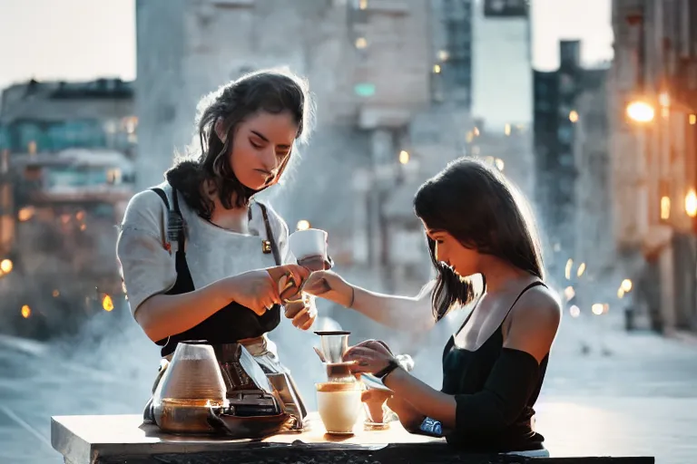 Prompt: hyperrealistic portrait of stunningly beautiful female nordic barista, brewing a V60 coffee outdoor, lit by dawn light, busy city on background, trending on artstation,ultrawide angle, f8 , polarizer , unreal engine