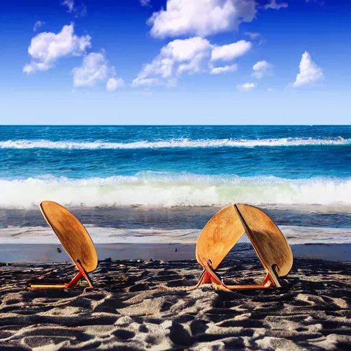 Prompt: oval-shaped woks on a beach with ocean in the background, photorealistic, 8k