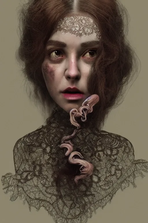 Image similar to 3 5 mm colour, italian looking emma, evil princess, victorian house, long brown hair, hyperrealism, octane render, weird, odd, strange, creepy, extremely detailed, intricate smoke magic, lace, silk, style of david cronenberg, hyung tae, frank frazetta