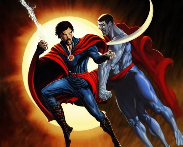 Image similar to fine realistic concept art of moon knight vs dr. strange, in the style of boris vallejo, digital art, photorealistic