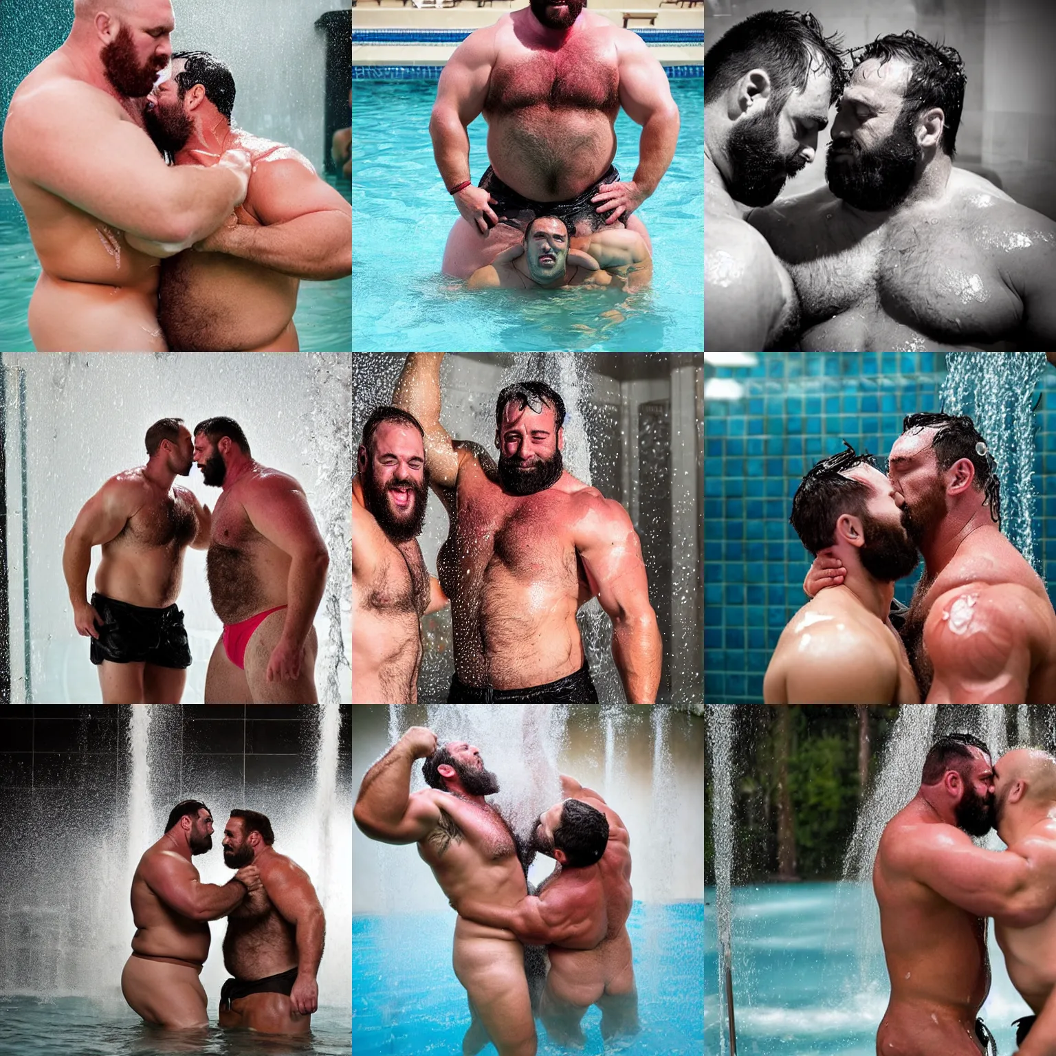 Prompt: big buff hairy burly manly strongmen kissing under the shower in swimming shorts, photography