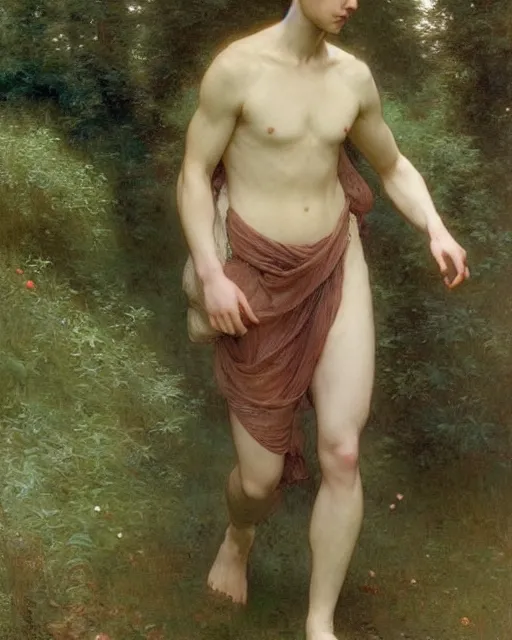 Prompt: a handsome anime man, he is walking in the forest, by Edgar Maxence and William-Adolphe Bouguereau