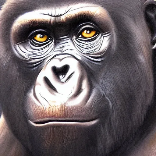 Image similar to a painting of a gorilla, cinematic lighting, hyper realistic painting