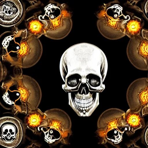 Prompt: a symmetrical skull of white flames in the center surrounded by a large number of glittering gold and silver coins and some treasure chests in the background of a dark slate cave, rays of light, dust, dim lighting, highly detailed, cinematic, high contrast, intricate, mystery, epic, dark fantasy, sense of awe, matte painting, digital art