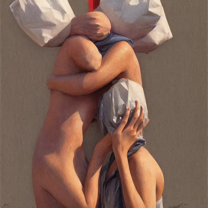 Image similar to two women hugging with a paper bag over the head, dressed in plastic bags, highly detailed, artstation, art by , edward hopper, zdislav beksinski, wayne barlowe