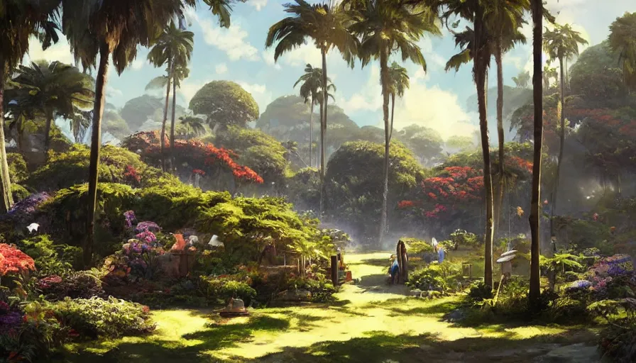 Image similar to craig mullins and studio ghibli illustration of a future sphere living space, lush landscape, science fiction landscape, flowers, flying saucers, palm trees, people, unreal engine, hyper realism, realistic shading, cinematic composition, realistic render, octane render, detailed textures, photorealistic, wide shot