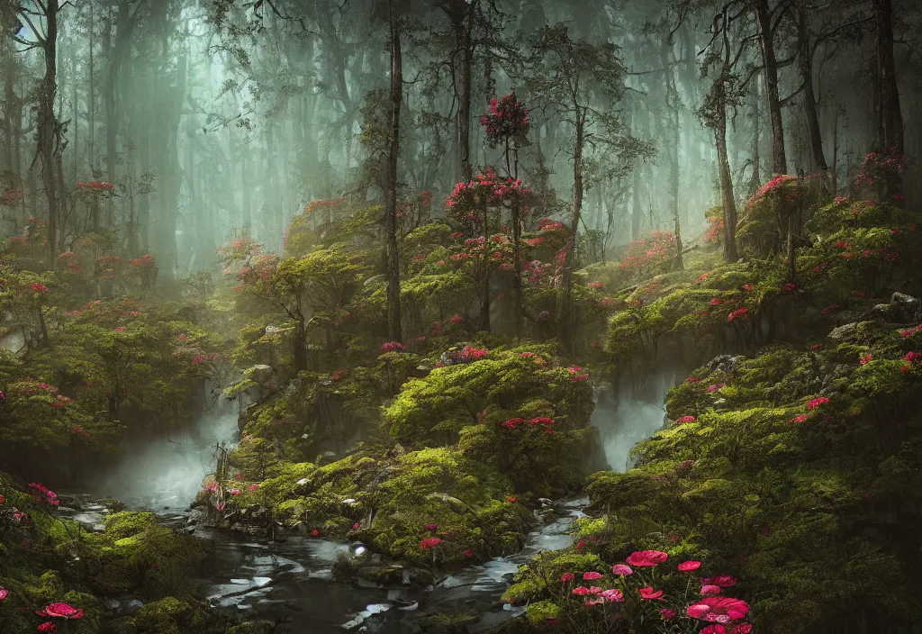 Image similar to handmade stunning landscape of a big and deep forest, ornate, beautiful, atmosphere, vibe, mist, chimney, pristine, puddles, melting, dripping, creek, lush, forest, roses, flowers, by kilian eng jake parker loish, octane render, 8 k hd resolution, high quality image