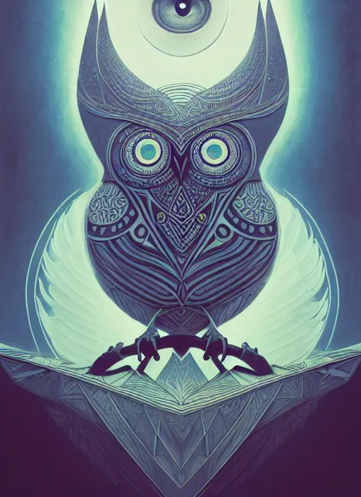 Image similar to portrait of a geometric owl, identical eyes, medium shot, illustration, full body made of white feathers, symmetrical, art stand, super detailed, cinematic lighting, and its detailed and intricate, gorgeous, by peter mohrbacher