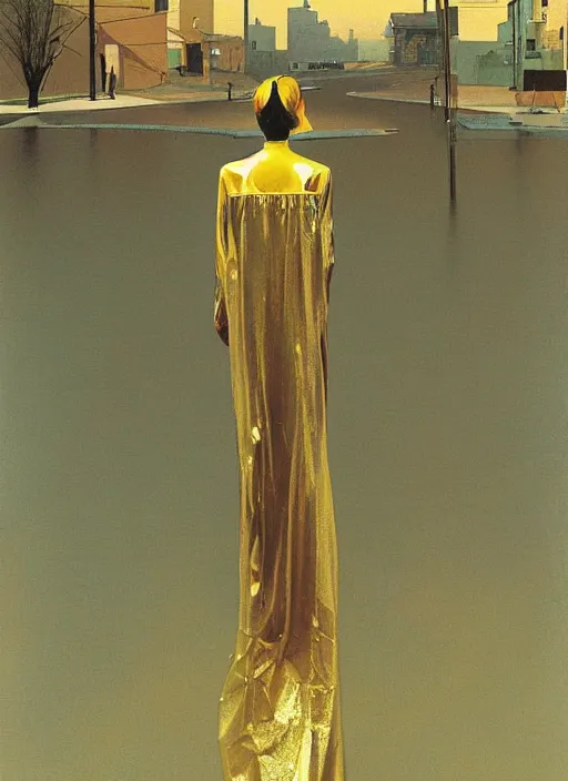 Image similar to futuristic woman dressed in transparent gold foil plastic bags with cutouts, on flooded street Edward Hopper and James Gilleard, Zdzislaw Beksinski, highly detailed