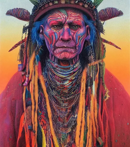 Image similar to Portrait painting in a style of Beksinski mixed with Alex Grey of an old shaman dressed in a colorful traditional clothes.