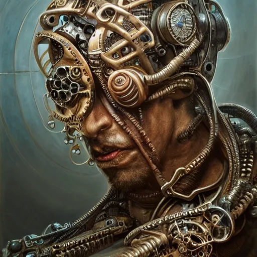 Prompt: low angle shot of a steampunk cyborg with a human face by clive barker, intricate, elegant, highly detailed, centered, digital painting, artstation, concept art, smooth, sharp focus, illustration, artgerm, Tomasz Alen Kopera, Peter Mohrbacher donato giancola, Joseph Christian Leyendecker, WLOP, Boris Vallejo.