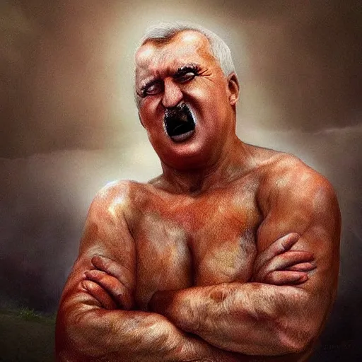 Image similar to mildly epic portrait of lukashenko as the god of potatoes, creator of despair