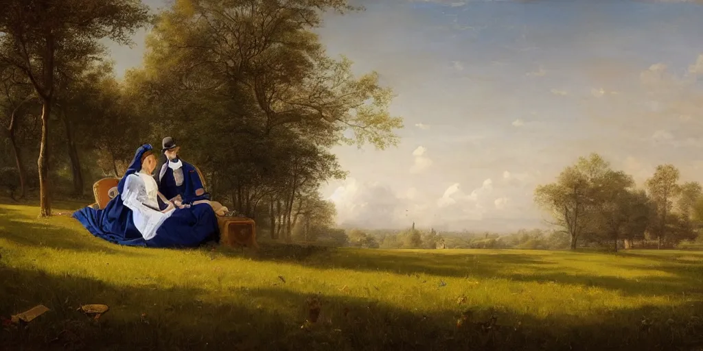 Prompt: wide angle view of a couple in victorian formal attire sitting in grass beneath massive futuristic buildings, painting in the style of hudson river school, 4 k