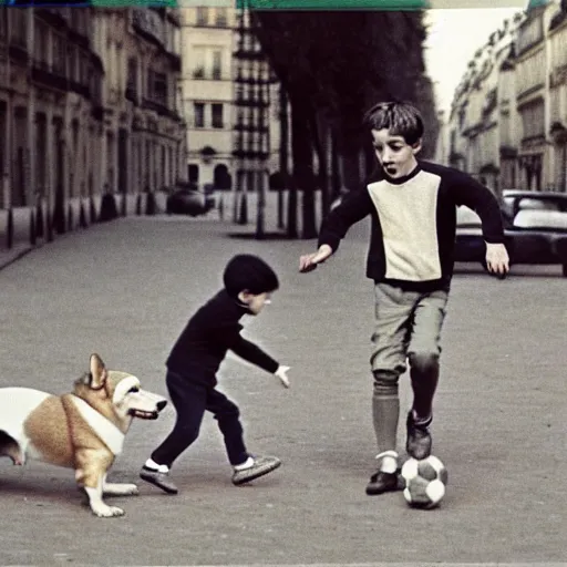 Image similar to a french boy on the streets of paris playing football against a corgi, the dog is wearing a polka dot scarf, book illustration, 1 9 6 6