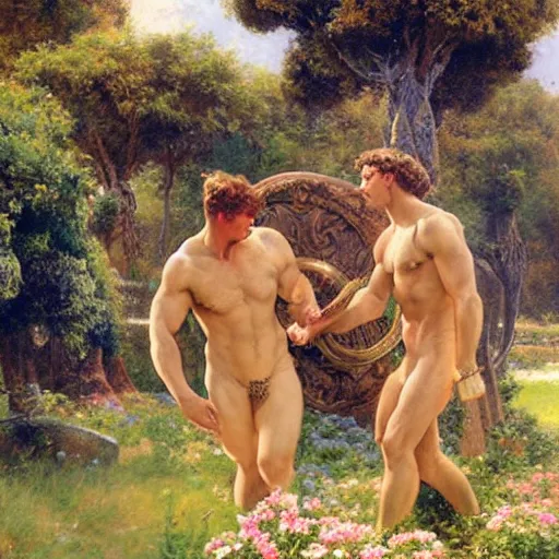 Image similar to hercules and achilles frolic in a meadow of beautiful flowers, large topiary and marble pillars in the background, painting by gaston bussiere, craig mullins, j. c. leyendecker, tom of finland