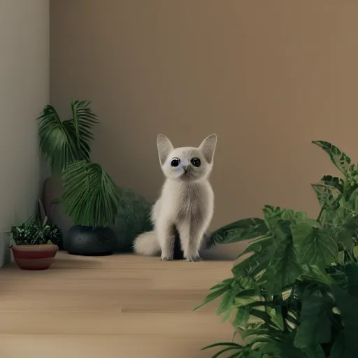 Image similar to a modern indoor room, clean architecture, some plants, peaceful, 8K octane render, a bat kitten sits there