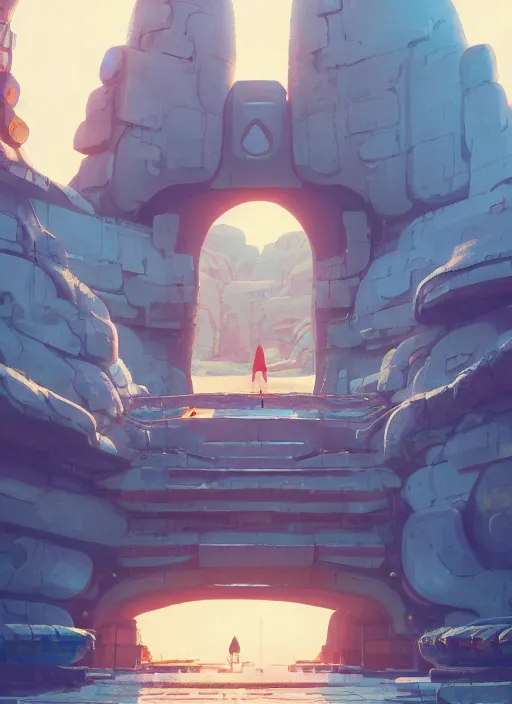 Prompt: warm canyon with giant gate entrance, nuclear powered, detailed, futuristic, cory loftis, james gilleard, atey ghailan, makoto shinkai, goro fujita, studio ghibli, rim light, exquisite lighting, clear focus, very coherent, plain background