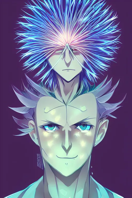 Image similar to cyan glowing luminescent dandelion male anime character, symmetrical, highly detailed, digital art, sharp focus, trending on art station, purple eyes, beautiful colours