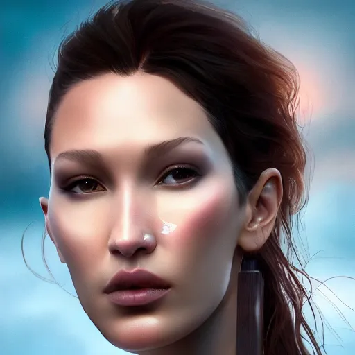 Image similar to a closeup portrait of bella hadid, dramatic light, city background, sunset, high contrast, sharp, painted by stanley lau, painted by greg rutkowski, painted by stanley artgerm, digital art, trending on artstation