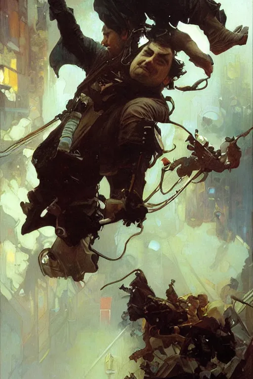 Prompt: mike stoklasa, action lines, painting by'phil hale '!!! gaston bussiere, craig mullins, greg rutkowski, alphonse mucha,