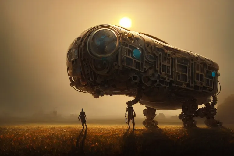 Image similar to a walking mechanical house on mechanical legs, rust, hyperrealistic, highly detailed, cinematic, single ray of sun, fog, beautiful, cgssociety, artstation, 8 k, oil painting