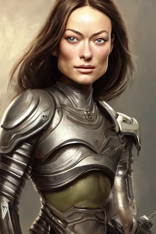 Image similar to a professional painting of a young Olivia Wilde, clothes in military armor, olive skin, long dark hair, beautiful bone structure, symmetrical facial features, intricate, elegant, digital painting, concept art, smooth, sharp focus, illustration, from StarCraft by Ruan Jia and Mandy Jurgens and Artgerm and William-Adolphe Bouguerea