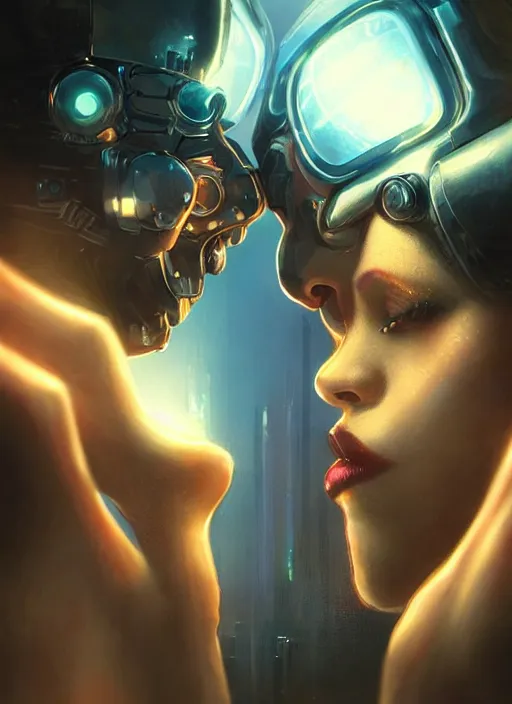 Prompt: ultra realistic close - up of a couple of cyborgs kissing, lovers, cyberpunk, sci - fi, fantasy, led color, flare, soft light, night, highly detailed, digital painting, concept art, sharp focus, illustration, art by artgerm and greg rutkowski