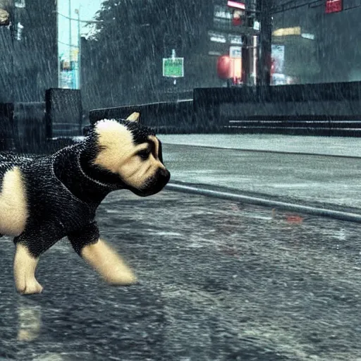 Prompt: a puppy walking in the rain in the style of GTAIV