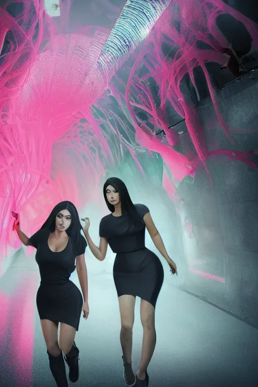 Prompt: 3d realistic dramatic infrared photo of kim kardashian and kylie jenner as schoolgirls falling in a dark subway station in Japan. Close-up portrait. There are pink palm trees and translucent glowing jellyfish flying around. Volumetric composition. Pastel colors in the style of Hiro Kiyohara, redshift, octane, trend artstation, cinematic, hyper realism, high detail, 8k