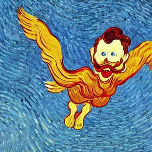 Image similar to a flying duck eating a smiling human being, van gogh style