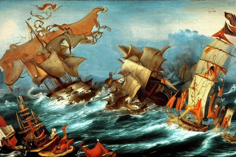 Prompt: A sea monster attacks a ship, Hans Savery the Elder (1626), oil on canvas, detailed brushstrokes