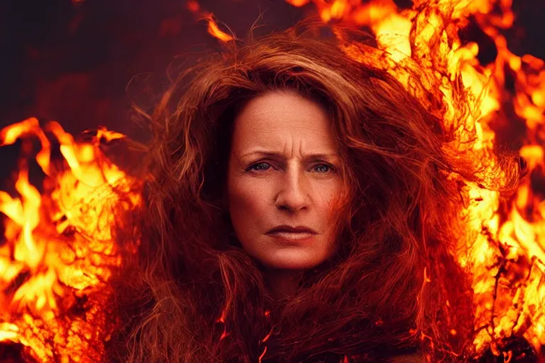 Prompt: a cinematic headshot portrait of a middle aged woman, stood in a field on fire, ultra realistic, depth, beautiful lighting, by annie leibovitz