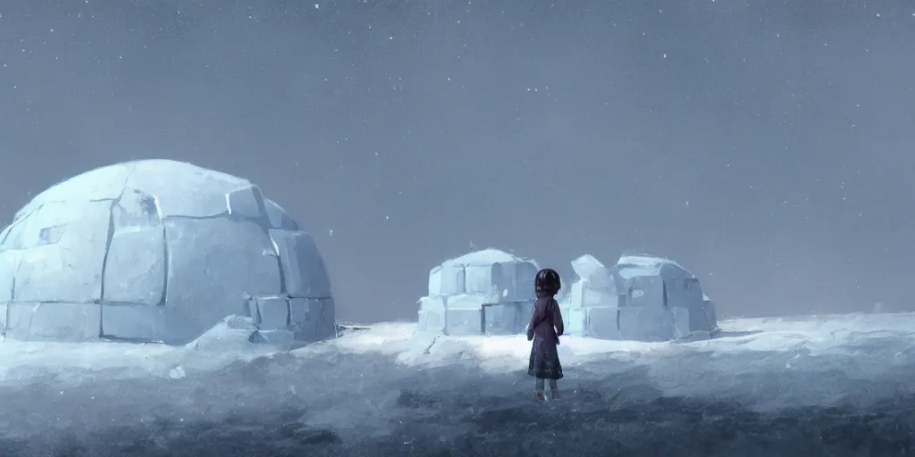 Prompt: young girl back to us in front of an igloo in the tundra, mysterious matte painting by makoto shinkai and craig mullins, trending on artstation