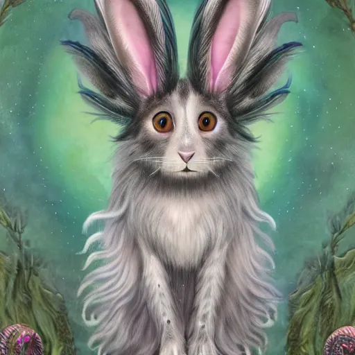 Prompt: cosmic horror cute fluffy grey tabby border collie and tan lop eared bunny rabbit hybrid mixed creature concept, with long flowing fur, wearing headdress of tribal peacock feathers and flowers, detailed painting, renaissance, 4 k lovecraft!! dark omnious atmosphere tentacles!!