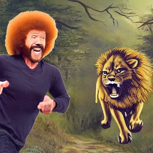 Prompt: screaming bob ross chasing a lion