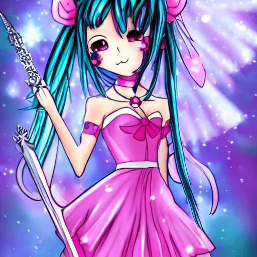 Prompt: Magical girl, pink dress, sword, digital art, unhappy anime