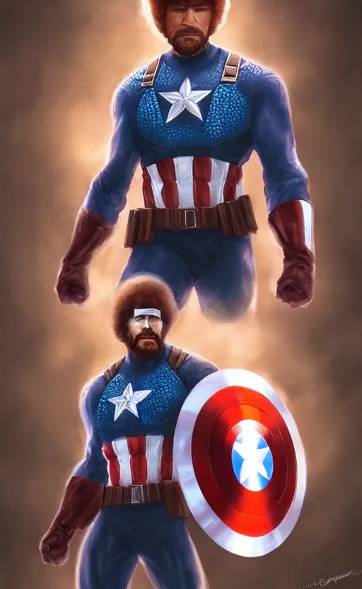 Image similar to bob ross as captain america, dynamic lighting, cinematic, ultra detailed, trending on art station, stunning visuals, creative, fantasy concept art