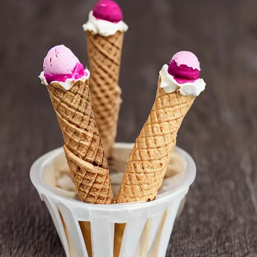 Image similar to a photograph of an ice cream cone skeleton in a miniature ice cream coffin.