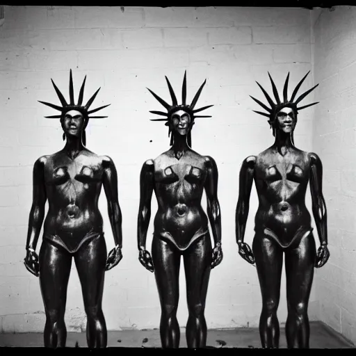 Image similar to three humanoid replicants who look like the statue of liberty, stand uncomfortably close to the camera, polaroid, flash photography, photo taken in a completely dark storage room where you can see some empty boxes in the background, very thick thighs