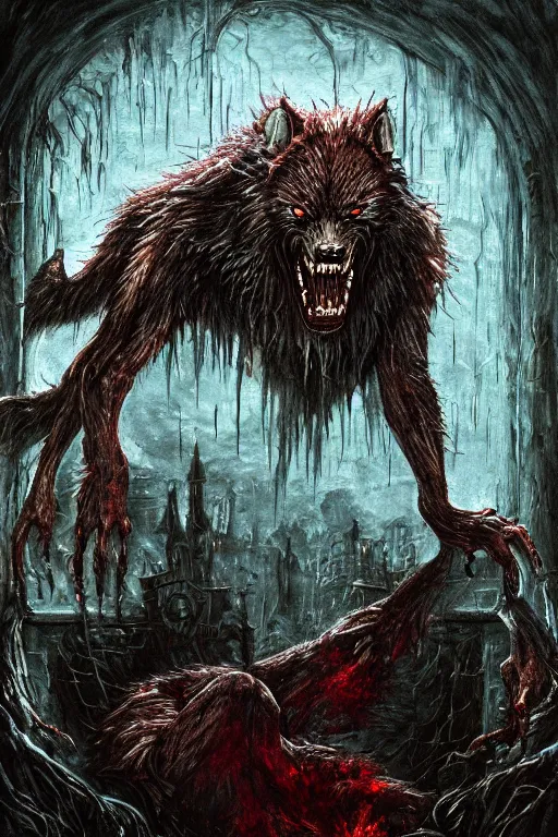 Prompt: wet werewolf oil painting, horror, castlevania, lovecraftian horror, bloody, pools of blood, reflecting, set in the bloodborne videogame