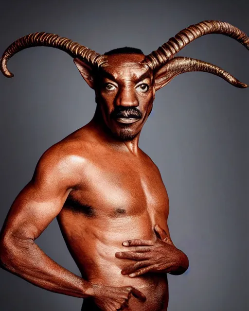 Image similar to actor Eddie Murphy in Elaborate Pan Satyr Goat Man Makeup and prosthetics designed by Rick Baker, Hyperreal, head shots in the style of Annie Leibovitz